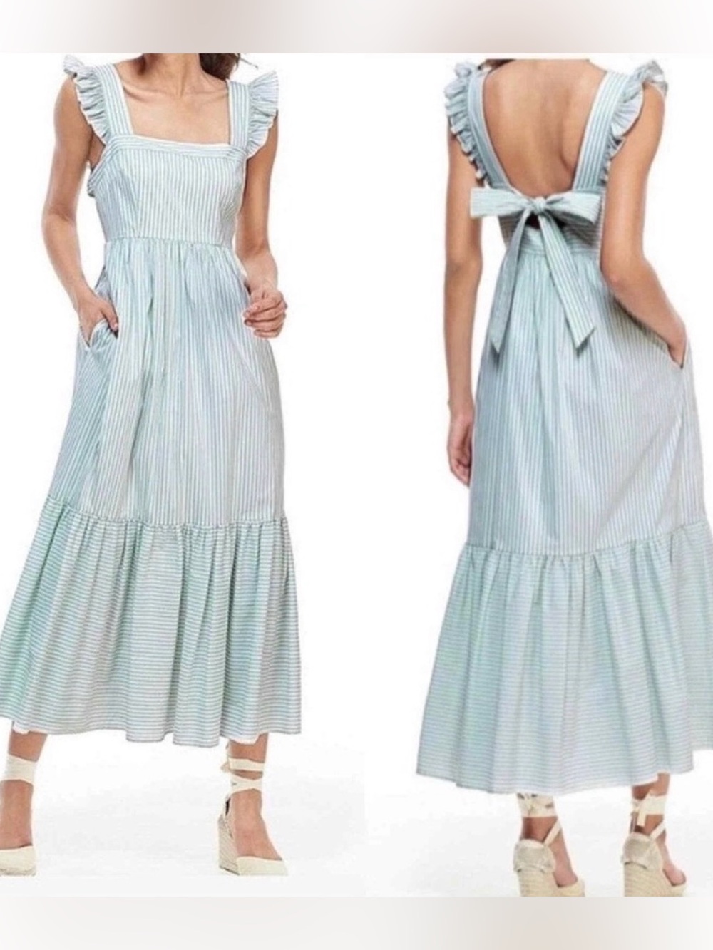 Gal Meets Glam Jasmine White and Pale Green Striped Square-Neck Maxi Dress